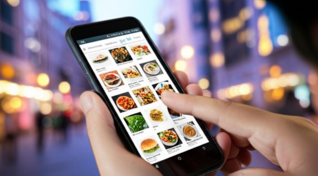 Người dùng tìm kiếm quán ăn trên điện thoại.