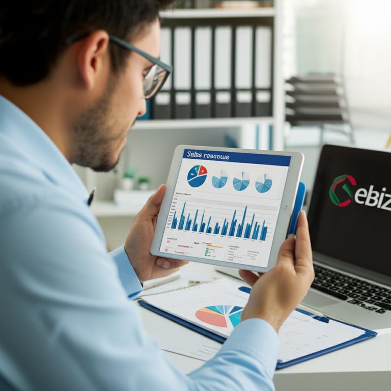 Bí Quyết Tính Doanh Thu Bán Hàng Chính Xác: Hướng Dẫn Chi Tiết Cho Người Kinh Doanh 3 Chủ doanh nghiệp xem báo cáo doanh thu trên máy tính bảng với biểu đồ minh họa.