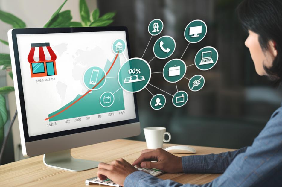 Biểu đồ tăng trưởng doanh thu với các biểu tượng kênh bán hàng.