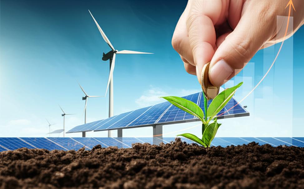 Mầm cây xanh nhú lên từ đồng xu, tượng trưng cho đầu tư bền vững.