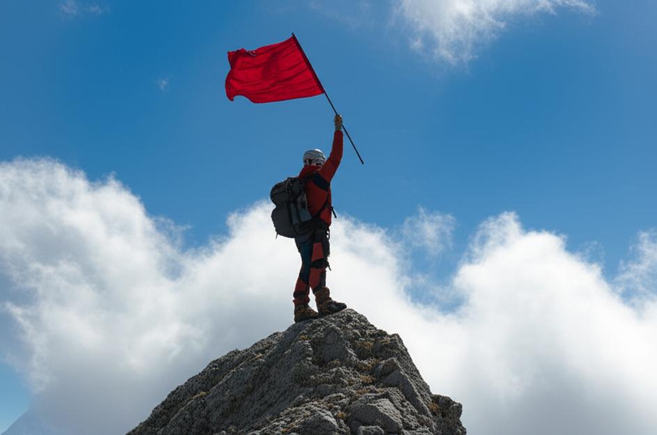 Hình ảnh một người đang chinh phục đỉnh núi, biểu tượng cho sự nỗ lực và thành công.