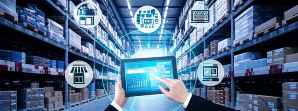 Đổ Sỉ: Bí Quyết Kinh Doanh Thành Công Của Các Thương Hiệu Lớn 2 An illustration of a wholesale business operation, showing a warehouse and network connections to retail and online sales channels, with a person managing it on a tablet.