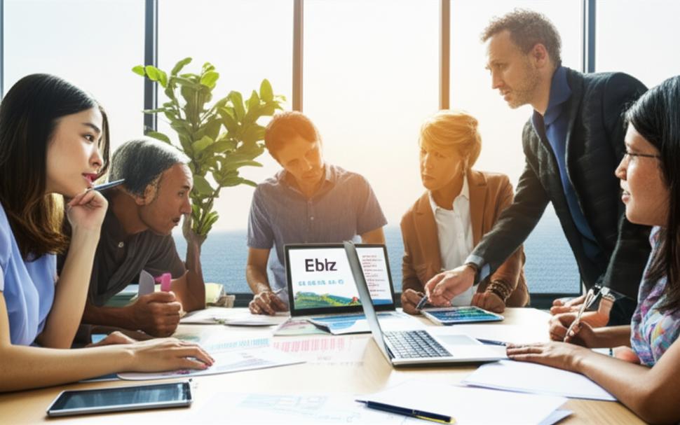 Nhóm người học về đầu tư tài chính, với biểu đồ và logo Ebiz.