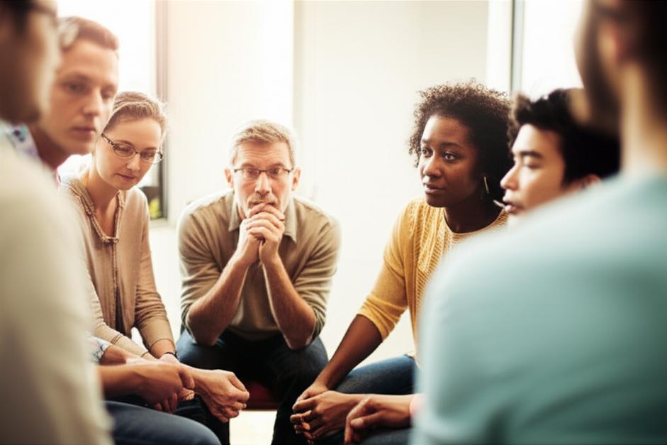 Phát Triển Sự Đồng Cảm: Bí Quyết Xây Dựng Mối Quan Hệ Sâu Sắc và Thành Công 8 Nhóm người đa dạng thể hiện sự đồng cảm và lắng nghe chân thành trong một không gian ấm áp.