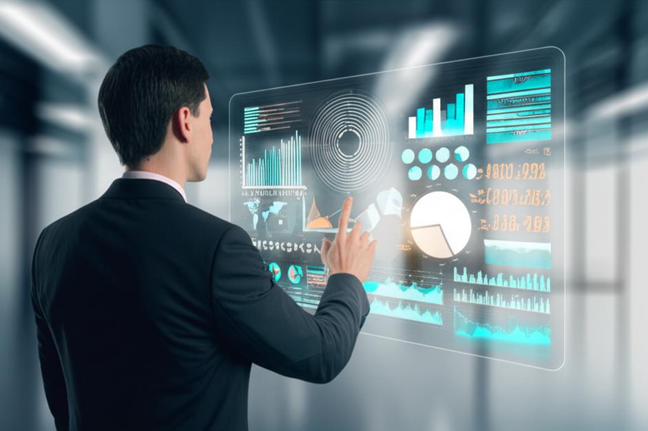 Doanh nhân xem báo cáo thống kê trên bảng điều khiển holographic.