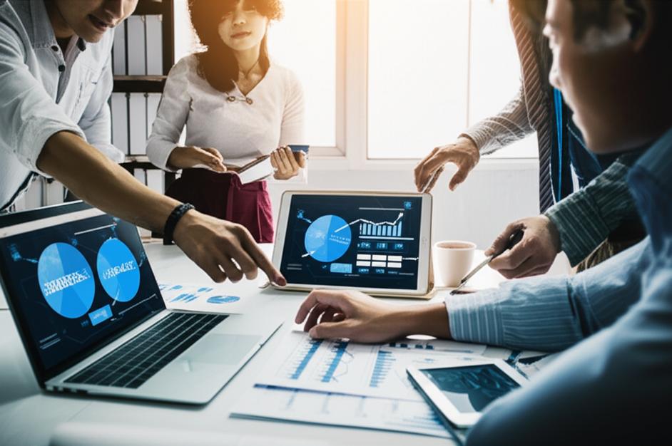 Bí quyết vàng nâng tầm hiệu quả kinh doanh toàn diện 4 Nhân viên làm việc nhóm hiệu quả với công nghệ hỗ trợ.