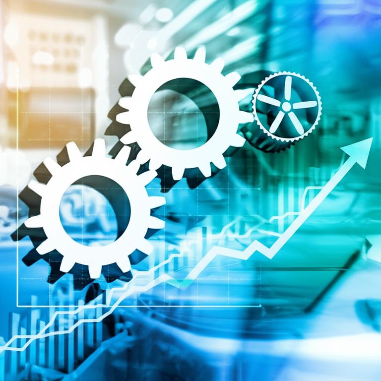 Hình ảnh trừu tượng về tối ưu hóa kinh doanh với biểu đồ tăng trưởng, bánh răng và yếu tố số hóa.