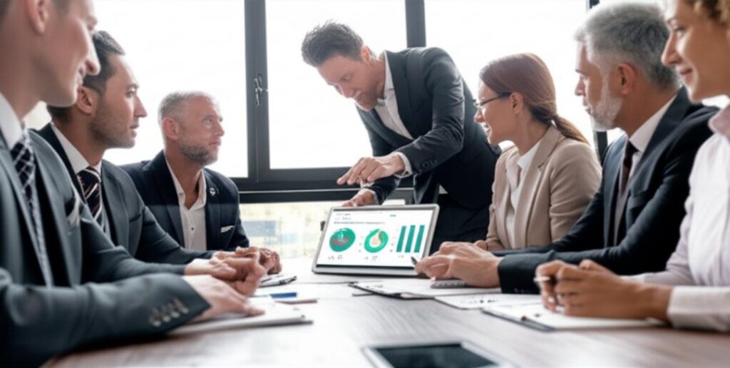 Chiến Lược Đàm Phán Đỉnh Cao: Chìa Khóa Thành Công Trong Mọi Cuộc Thương Lượng 5 Nhóm doanh nhân đàm phán chuyên nghiệp với sự hỗ trợ của công nghệ.