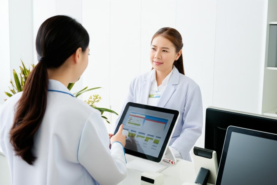 Khu vực lễ tân phòng khám hiện đại, chuyên nghiệp với công nghệ hỗ trợ.
