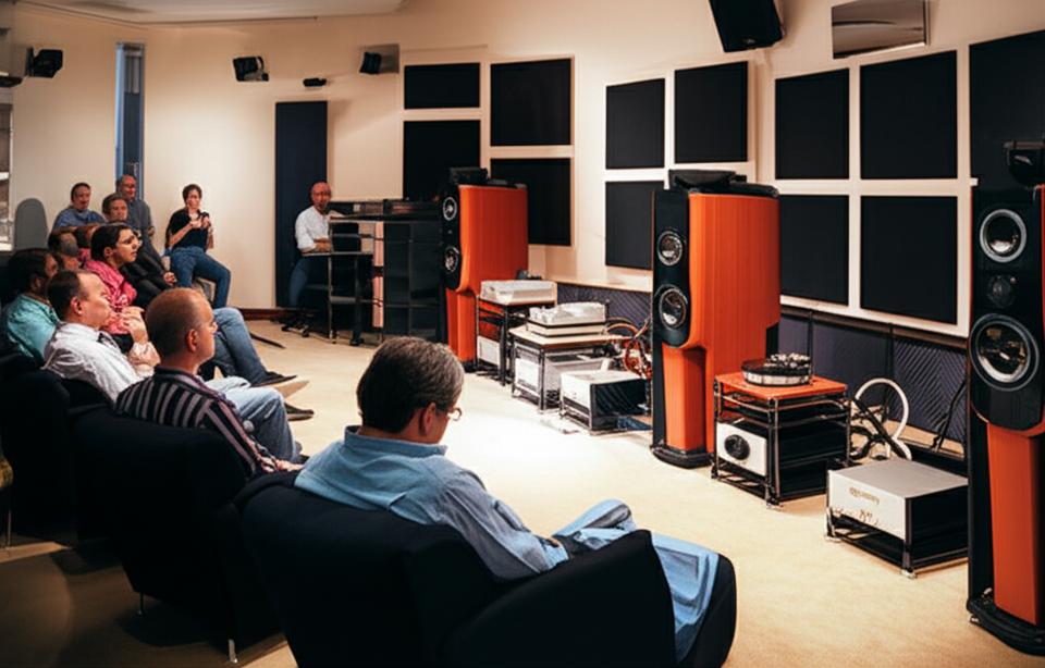 Nhóm người đam mê âm thanh hi-end cùng trải nghiệm âm nhạc trong phòng nghe sang trọng.