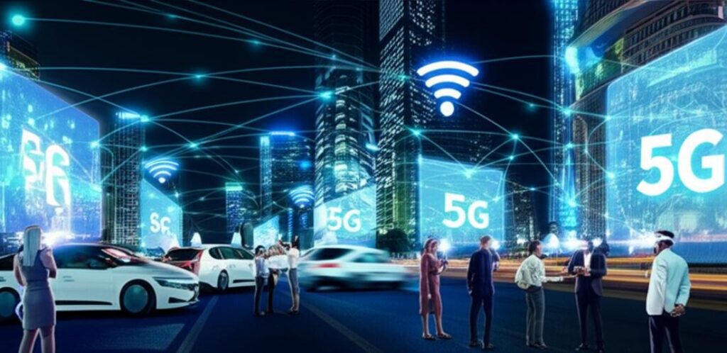 Công nghệ 5G: Cuộc cách mạng kết nối toàn cầu và tương lai của Internet 5 Thành phố tương lai rực rỡ ánh sáng với mạng lưới 5G kết nối vạn vật.