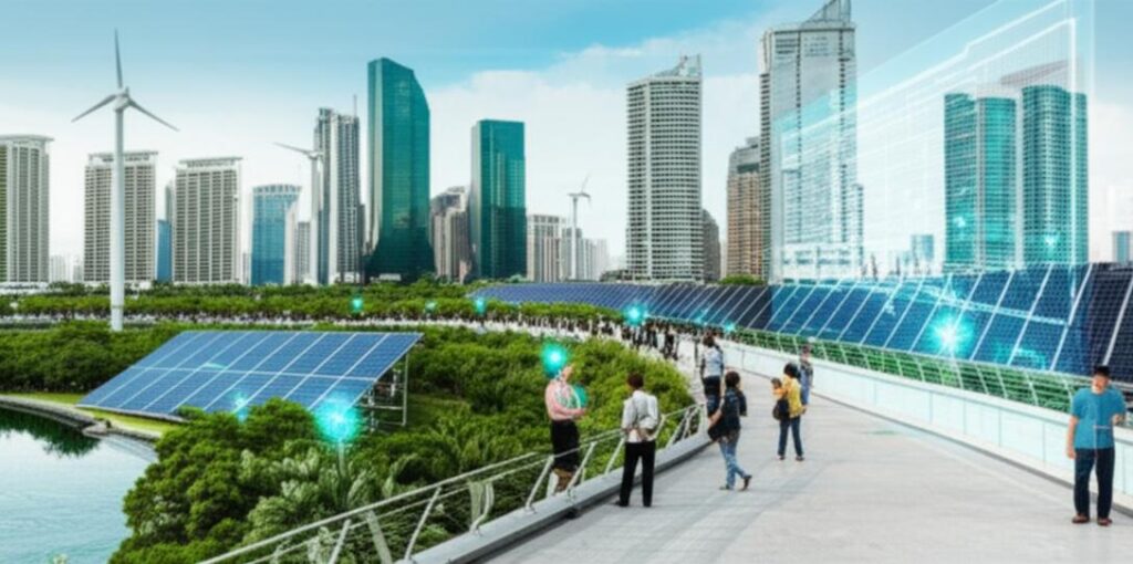 Thành phố tương lai xanh, nơi công nghệ và thiên nhiên hòa quyện vì sự bền vững.