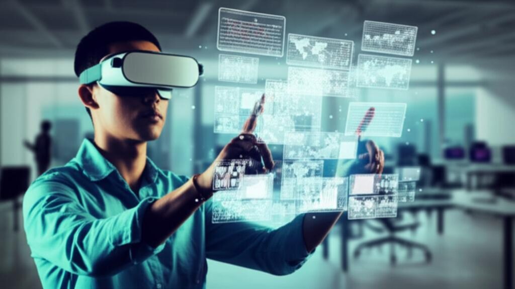 Cảnh tương lai với công nghệ nhập vai, con người tương tác với thế giới ảo.