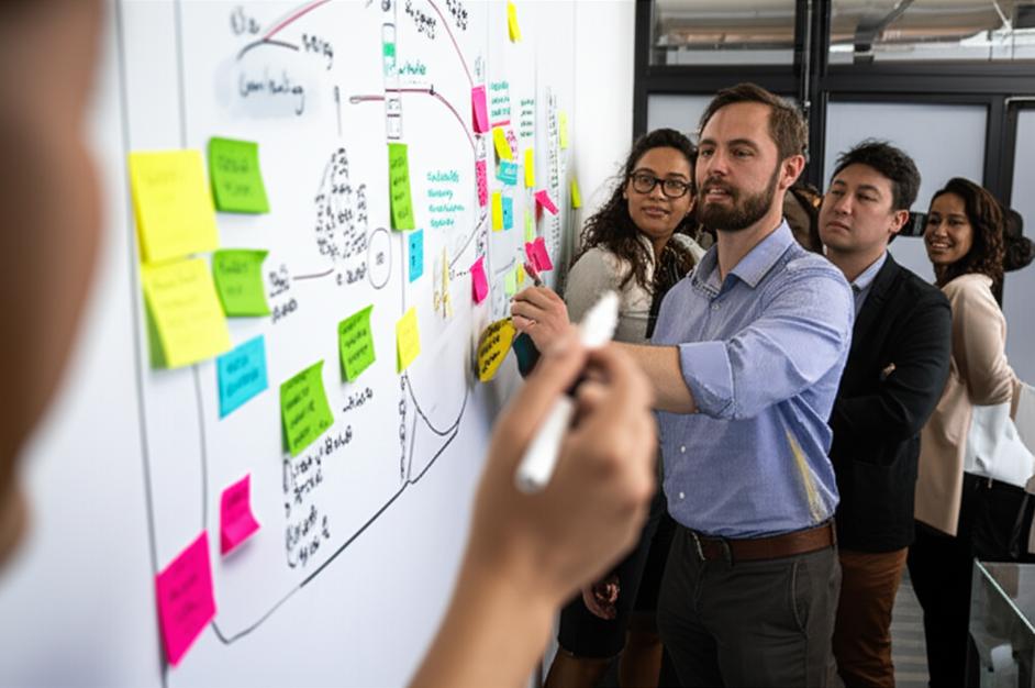Team collaboratively mapping customer journey on a whiteboard with sticky notes.