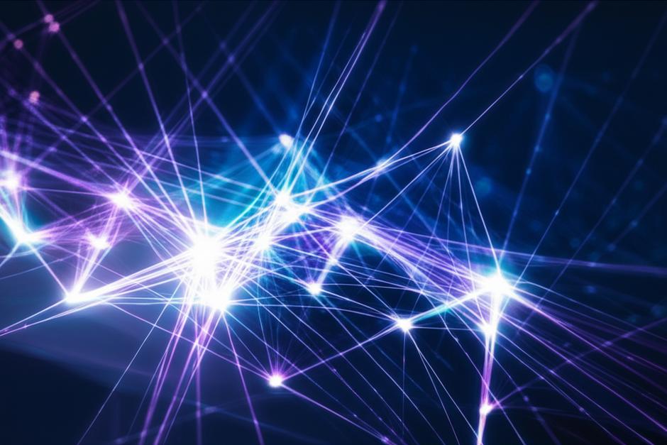 Hình ảnh minh họa mạng nơ-ron học sâu với ánh sáng xanh tím.