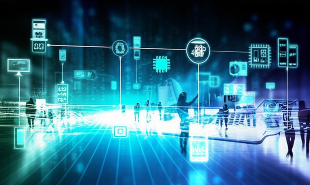 Digital economy with glowing data streams, modern devices, and collaborating professionals.