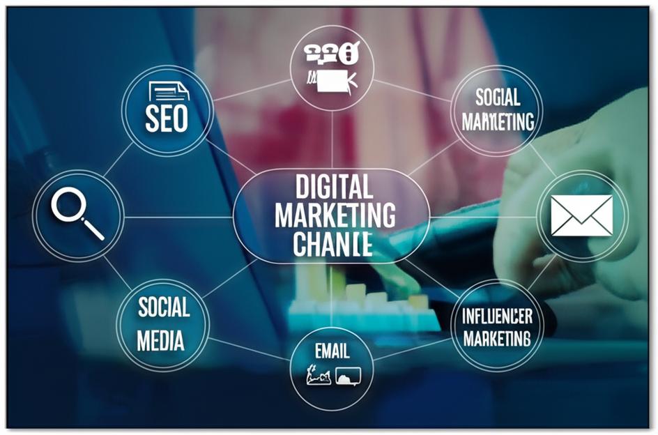 Minh họa đa dạng các kênh digital marketing với biểu tượng hiện đại.
