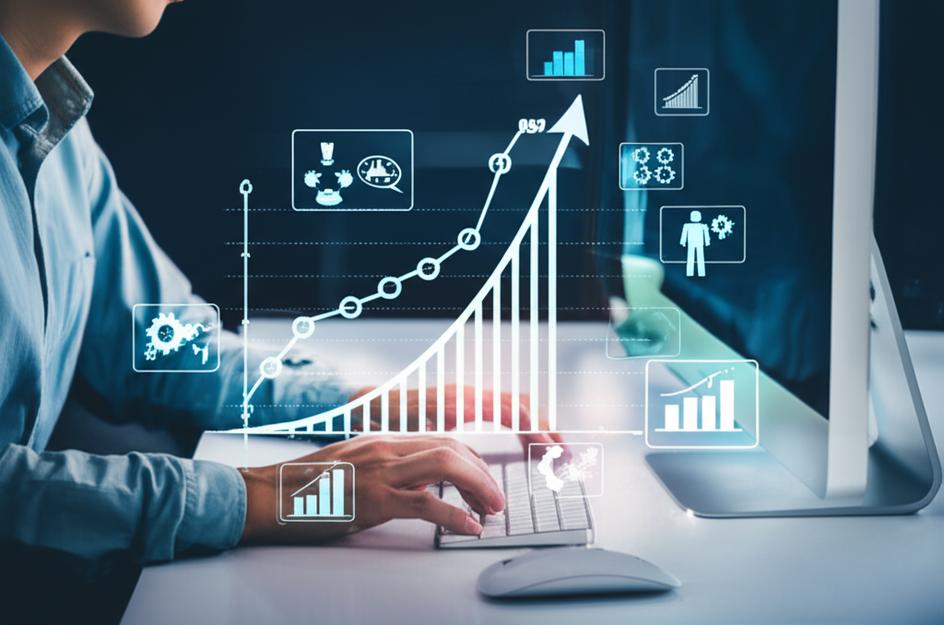 Biểu đồ tăng trưởng và các biểu tượng marketing kỹ thuật số.
