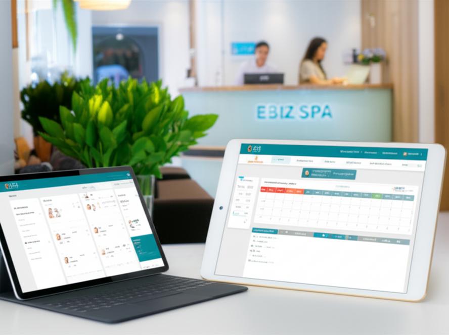 Giao diện phần mềm quản lý spa Ebiz trên máy tính bảng tại khu vực lễ tân.