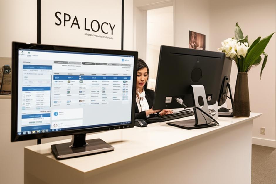 Quầy lễ tân spa hiện đại với nhân viên sử dụng phần mềm Ebiz spa trên máy tính để bàn, quản lý hiệu quả hoạt động kinh doanh.