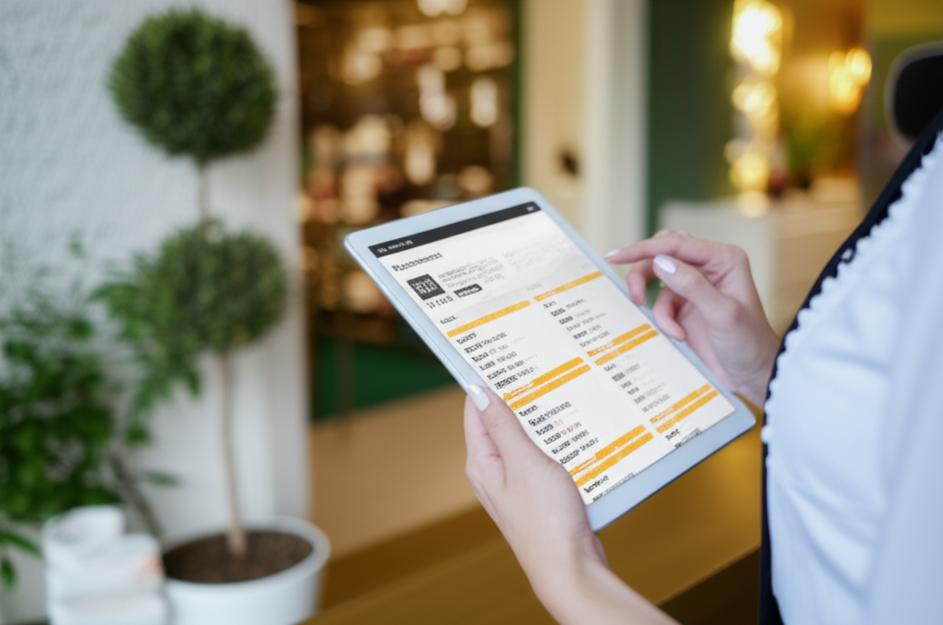 Giải Pháp Quản Lý Spa Hiệu Quả: Ebiz Spa Ngoại Tuyến Đột Phá 7 Spa hiện đại với lễ tân sử dụng máy tính bảng Ebiz Spa để quản lý lịch hẹn, nhấn mạnh sự tiện lợi và hiệu quả ngay cả khi không có mạng.