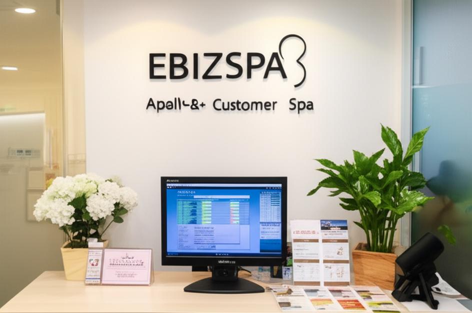 Phần mềm EbizSpa hiển thị trên máy tính tại quầy lễ tân spa.