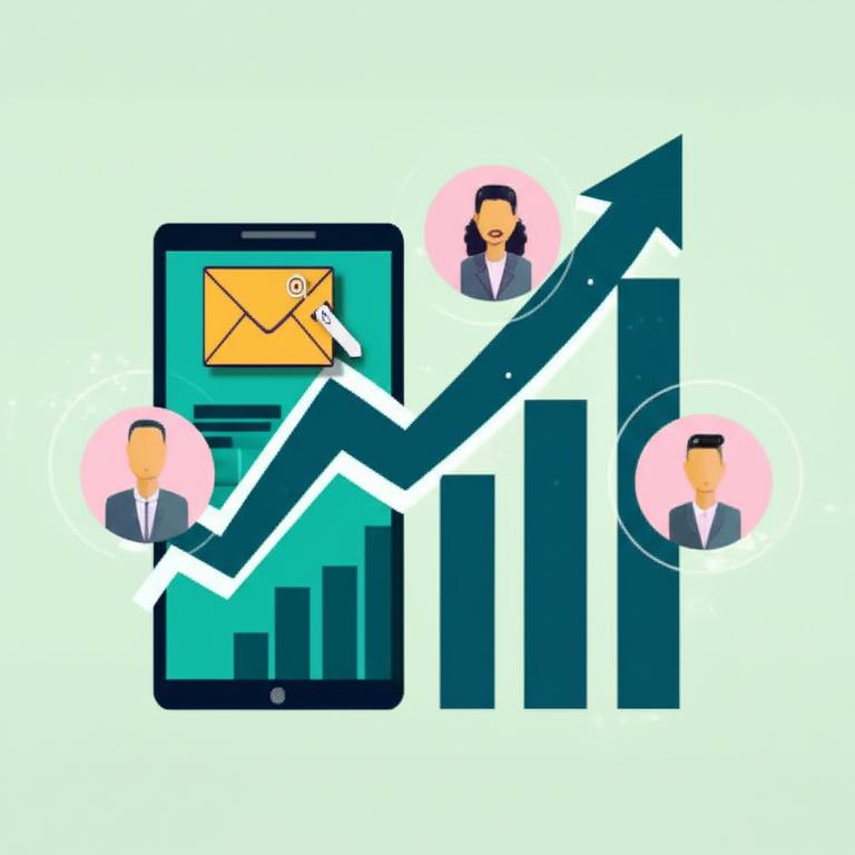 Graphic showing successful email marketing with icons for growth, customers, and a call to action.