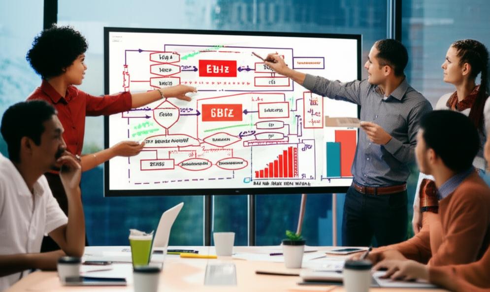 Nhóm nhân viên thảo luận về framework chiến lược trên bảng trắng trong văn phòng hiện đại.