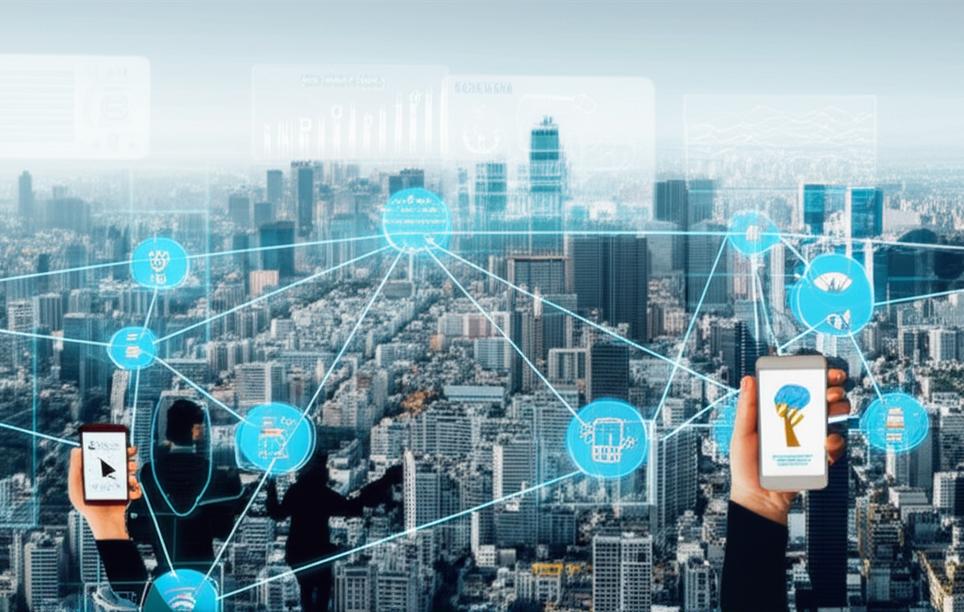 Futuristic city illustrating integrated smart devices, daily life apps, and business analytics.