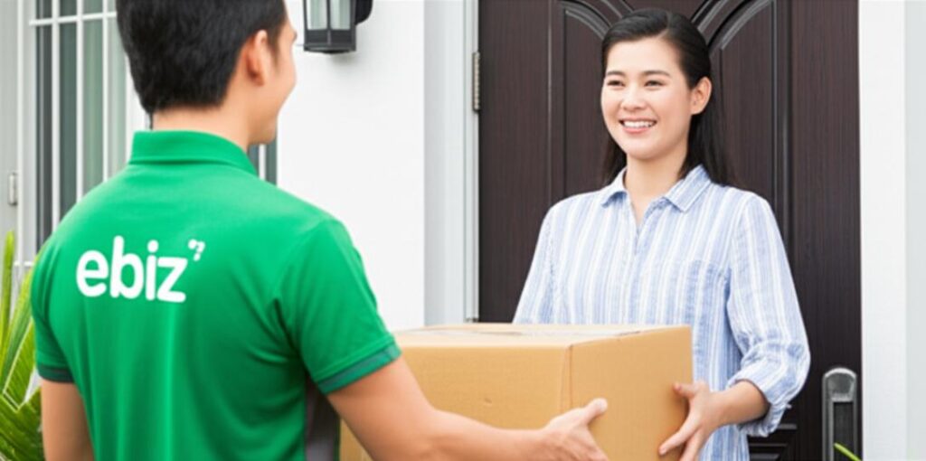 Giao Hàng Tận Nơi: Bí Quyết Vàng Cho Sự Phát Triển Kinh Doanh Toàn Diện 4 Nhân viên giao hàng trao kiện hàng cho khách hàng tại cửa nhà.