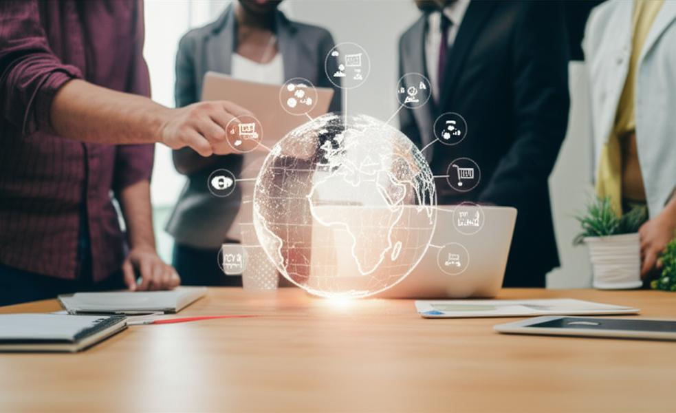 Biểu tượng kết nối thương mại điện tử toàn cầu và kinh doanh trực tuyến.