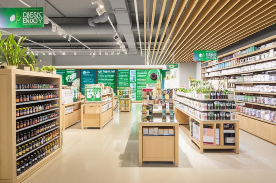 Nội thất cửa hàng bán lẻ xanh hiện đại với cây xanh, ánh sáng tự nhiên và vật liệu bền vững.