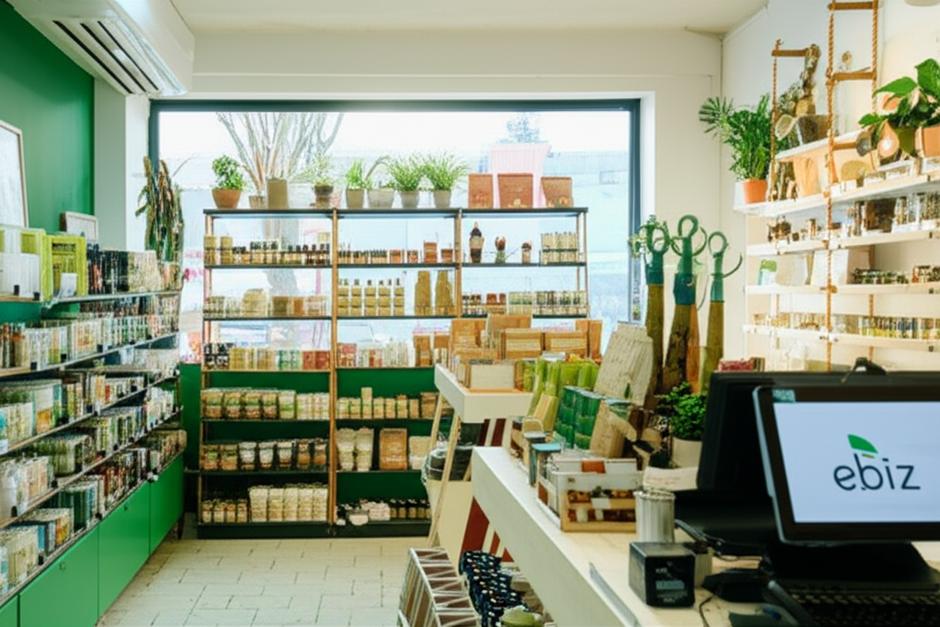 Cửa hàng bán sản phẩm xanh với nội thất ấm cúng, trưng bày đa dạng sản phẩm thân thiện môi trường.