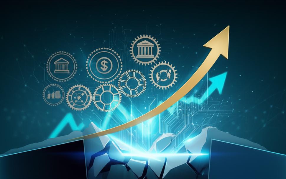 Biểu đồ tăng trưởng vượt rào cản với biểu tượng tài chính và công nghệ.