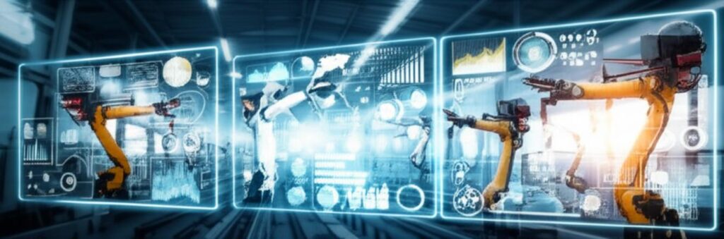 Công nghiệp 4.0: Nắm Bắt Tương Lai, Nâng Tầm Doanh Nghiệp 3 Nhà máy hiện đại trong kỷ nguyên Công nghiệp 4.0, robot và con người hợp tác.