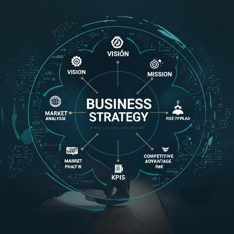 Infographic minh họa các yếu tố cốt lõi của chiến lược kinh doanh.