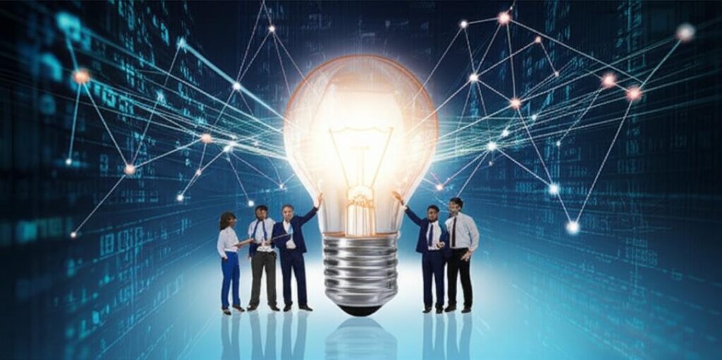 Minh họa tư duy đổi mới trong kinh doanh với sự hợp tác, công nghệ và ý tưởng sáng tạo.