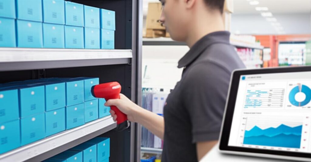 Cảnh quản lý tồn kho hiệu quả trong cửa hàng bán lẻ với phần mềm hiện đại.