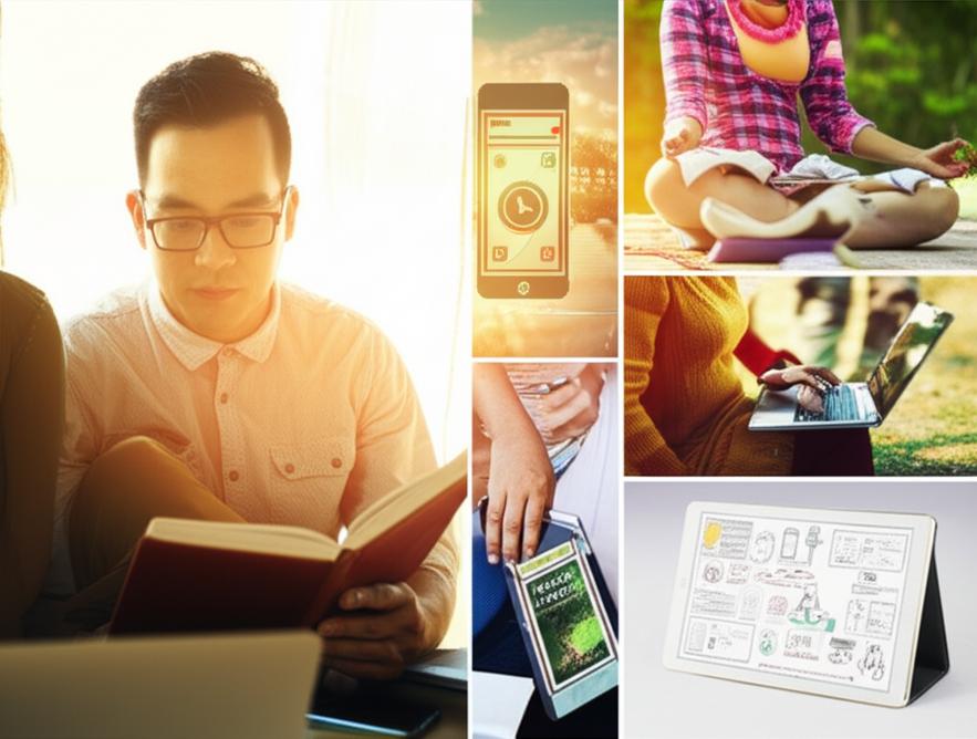 Nhóm người tham gia các hoạt động phát triển bản thân: đọc sách, học trực tuyến, thiền định, làm việc nhóm.