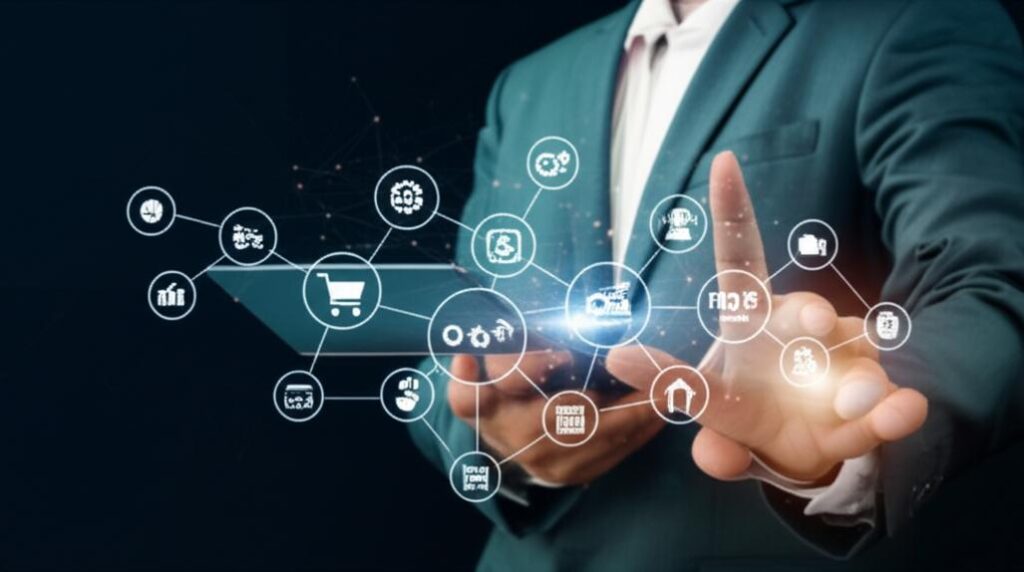 Kinh Tế Số: Chìa Khóa Thúc Đẩy Tăng Trưởng và Đổi Mới Sáng Tạo 4 Illustration of the digital economy with interconnected service icons and global network lines.