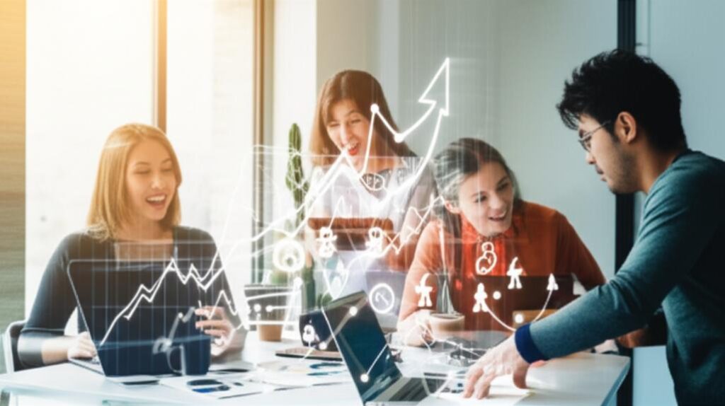 Doanh nhân trẻ làm việc năng động trong không gian hiện đại với biểu tượng kinh doanh trực tuyến.