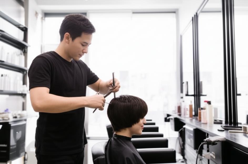 Nhà tạo mẫu tóc chuyên nghiệp đang thực hiện kỹ thuật cắt tóc tinh xảo.