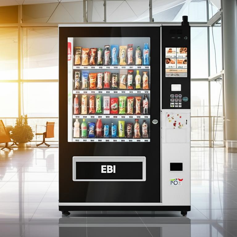 Máy bán hàng tự động hiện đại trưng bày đa dạng sản phẩm, với giao diện cảm ứng và các phương thức thanh toán tiện lợi.