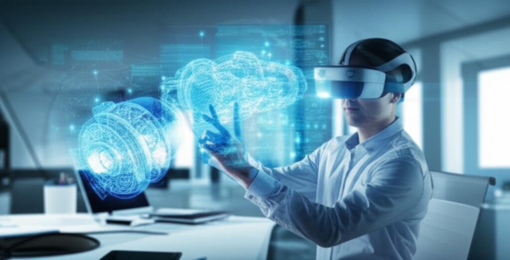 Thực Tế Hỗn Hợp: Định Nghĩa, Ứng Dụng Vượt Trội và Tương Lai Bùng Nổ 4 Người dùng MR tương tác với mô hình 3D máy móc trong văn phòng tương lai.