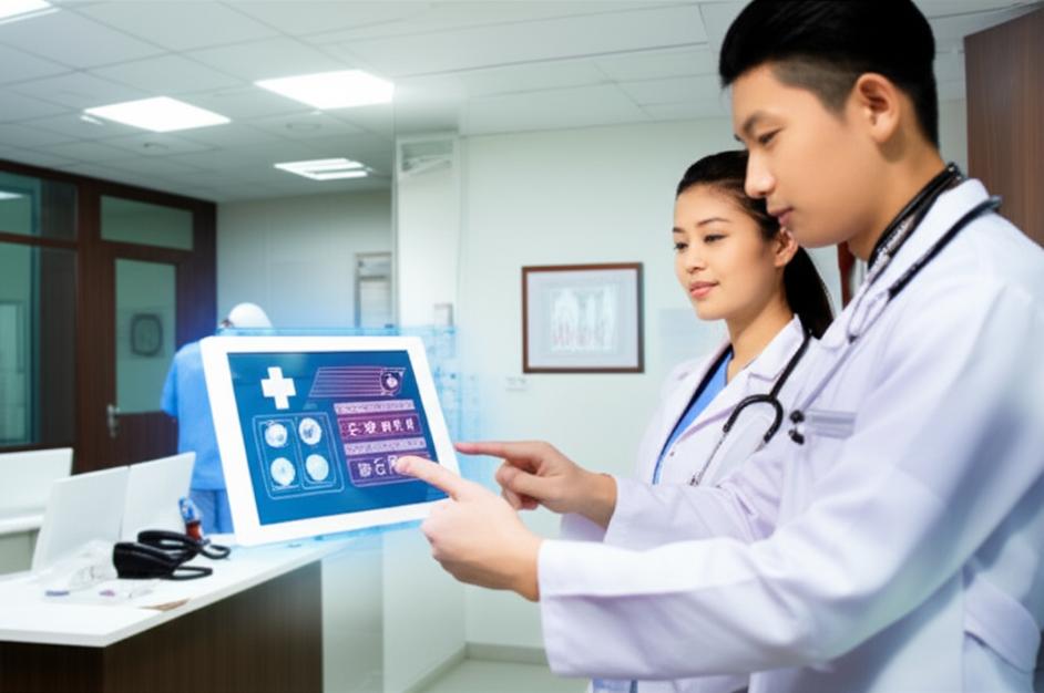 Phòng khám y tế hiện đại với đội ngũ nhân viên đang sử dụng máy tính bảng để quản lý dữ liệu bệnh nhân, thể hiện hiệu quả và công nghệ.