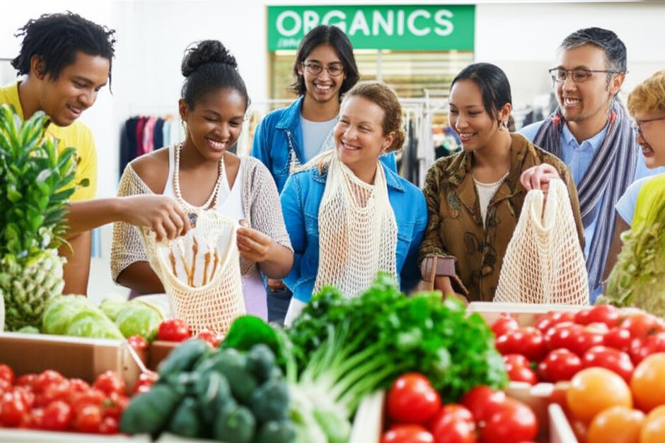 Mua Sắm Xanh: Xu Hướng Tiêu Dùng Bền Vững Cho Tương Lai 10 Cảnh mua sắm xanh tại chợ với sản phẩm hữu cơ và vật liệu tái chế.