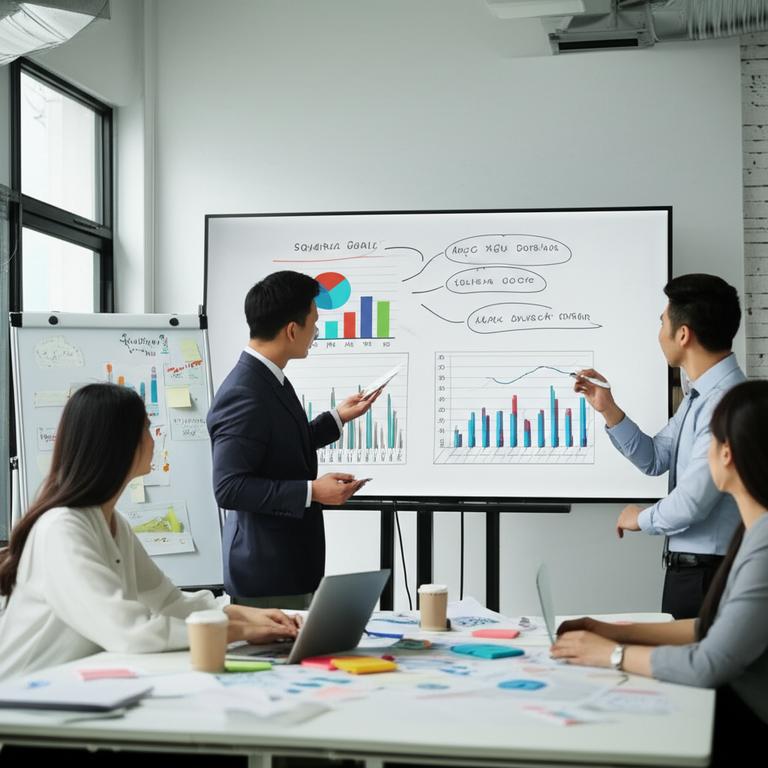 Định Hướng Mục Tiêu Doanh Thu: Chìa Khóa Vàng Cho Sự Phát Triển Bền Vững 4 Đội ngũ kinh doanh phân tích biểu đồ doanh thu với sự hỗ trợ của Ebiz.