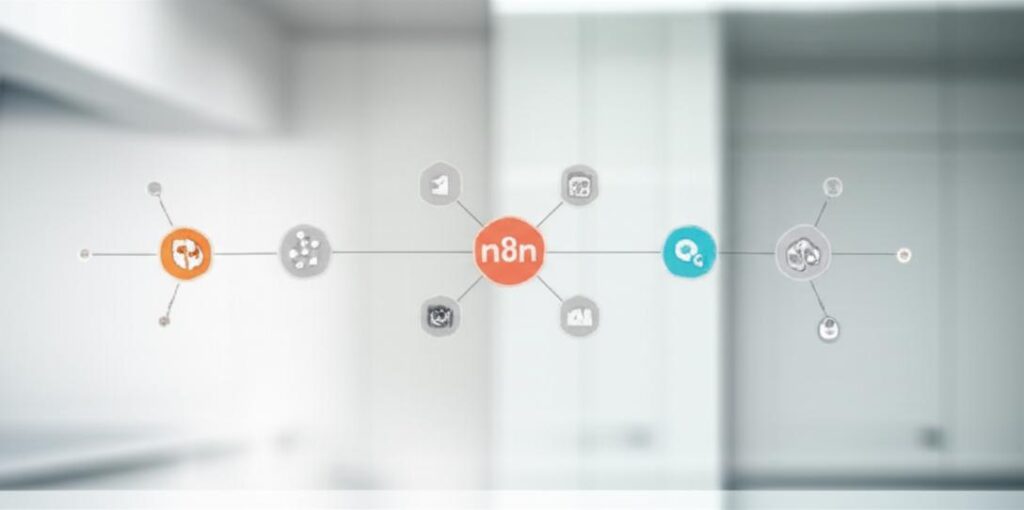 Sơ đồ quy trình tự động hóa trực quan với các biểu tượng ứng dụng và logo n8n.