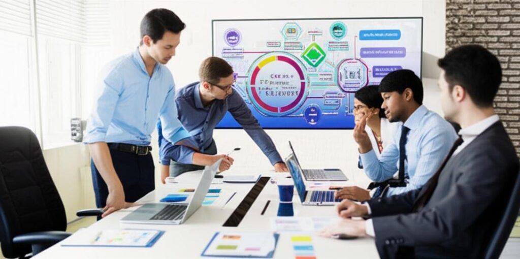 Văn phòng hiện đại với nhân viên hợp tác và bảng điều khiển kỹ thuật số.