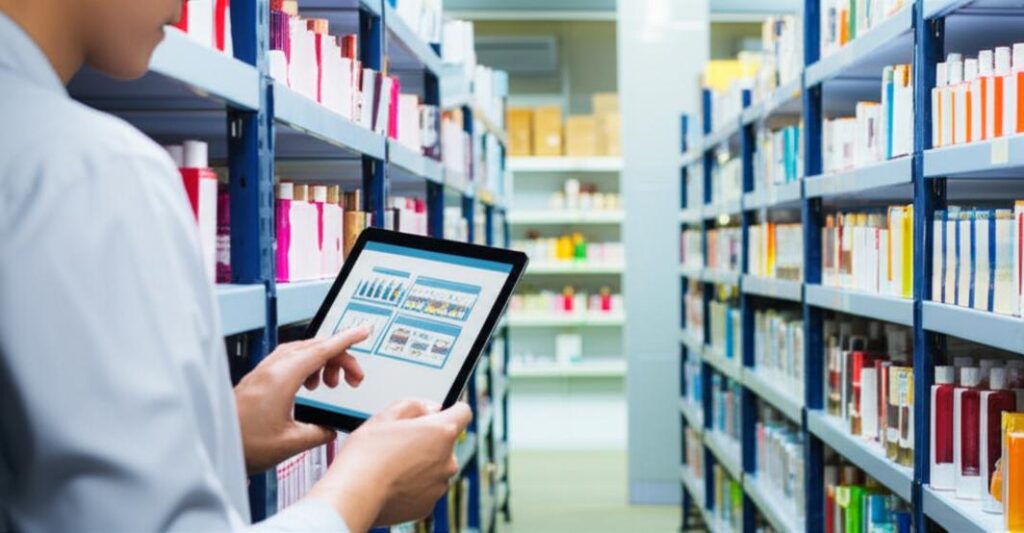 Kho hàng mỹ phẩm hiện đại với người quản lý sử dụng công nghệ.